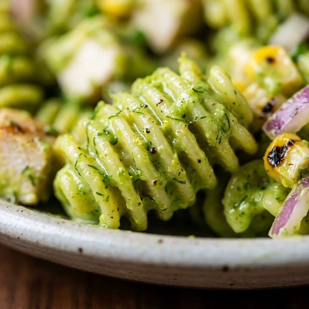 Protein-packed Avocado Green Goddess Pasta Salad in a bowl