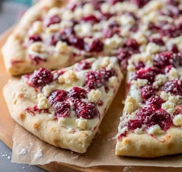 Raspberry Cheesecake Dessert Pizza topped with fresh raspberries and creamy cheesecake