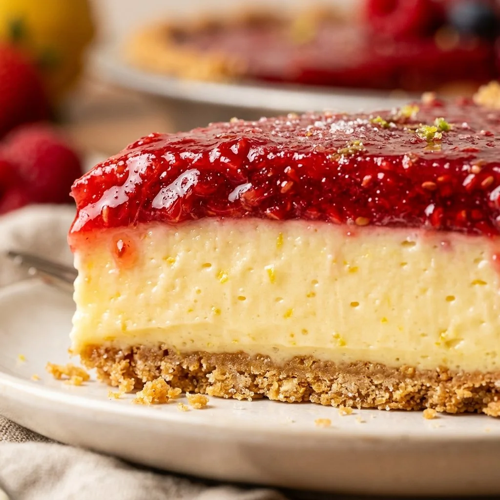 Slice of raspberry lemonade pie with vibrant pink filling and lemon garnish