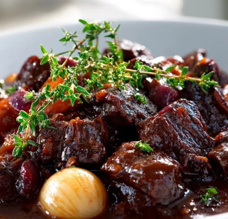 Delicious Red Wine Braised Beef infused with Grape Essence served on a plate