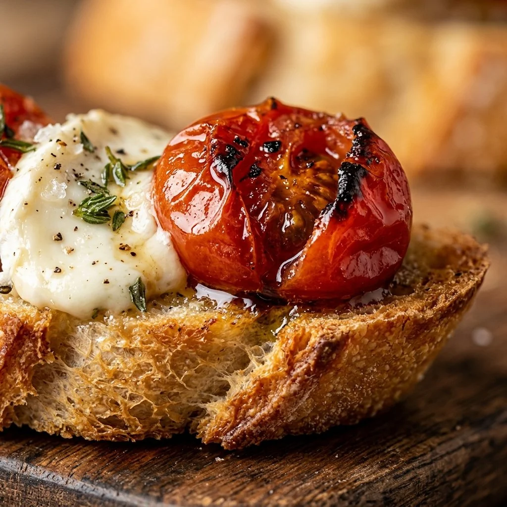Roasted Cherry Goat Cheese Baguette Appetizer served on a wooden board