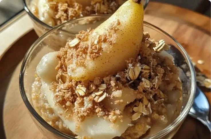 Delicious roasted pear and oat dessert served in a bowl with a sprinkle of cinnamon