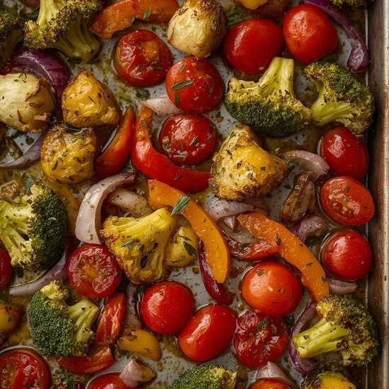 Colorful roasted vegetables on a sheet pan ready to serve.