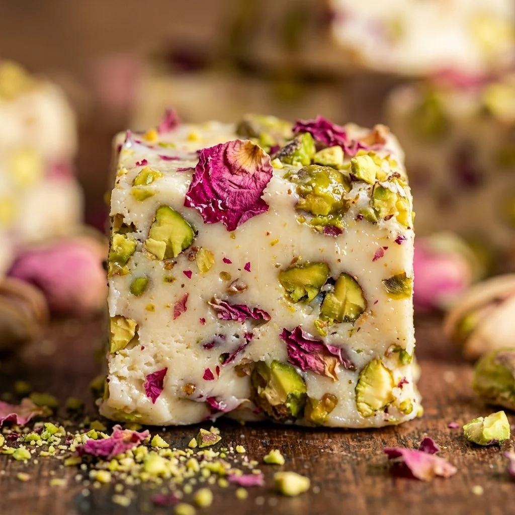 Delicious Rose Pistachio Fudge with White Chocolate on a decorative plate