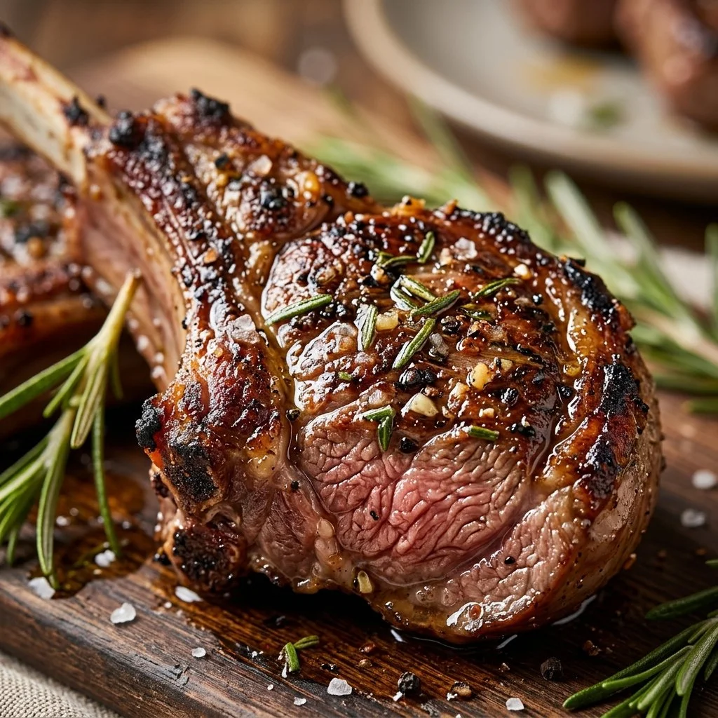 Rosemary garlic grilled lamb chops plated with fresh herbs