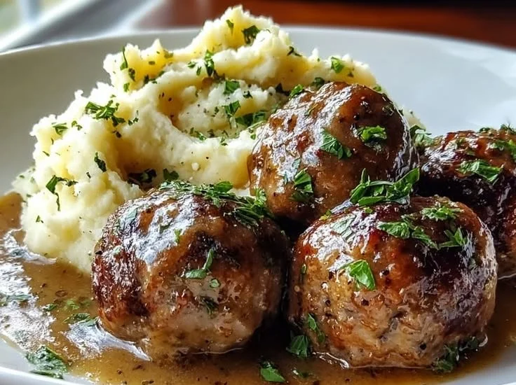 Salisbury steak meatballs on a plate with creamy garlic herb mashed potatoes