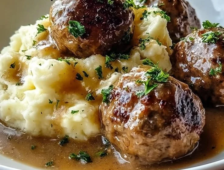 Salisbury Steak Meatballs with Creamy Garlic Herb Mashed Potatoes