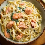 Delicious Salmon Alfredo Fettuccine served on a plate with herbs