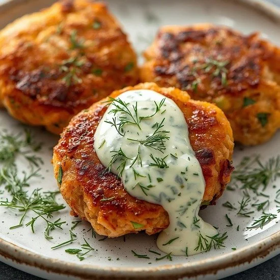 Salmon patties served with lemon dill sauce on a plate