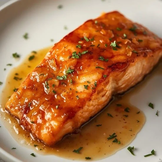 Pan-seared salmon glazed with garlic and honey, garnished with herbs.