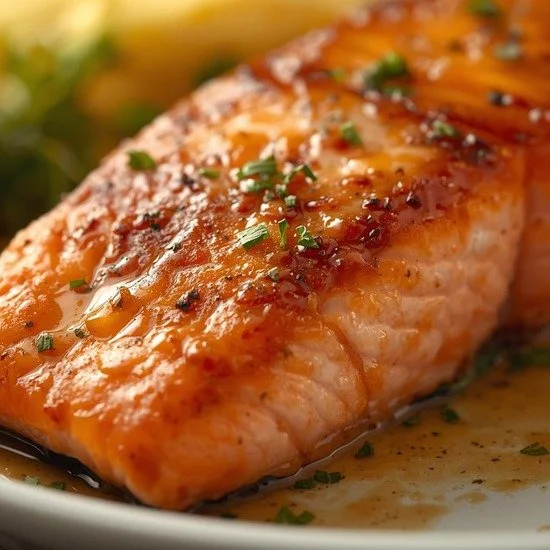 Salmon fillet with honey mustard glaze garnished with herbs