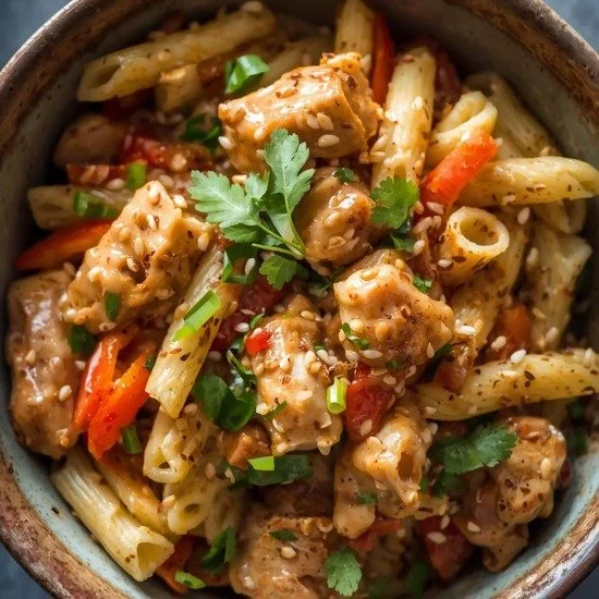Delicious Sesame Chicken Pasta Salad in a bowl, garnished with sesame seeds and vegetables.