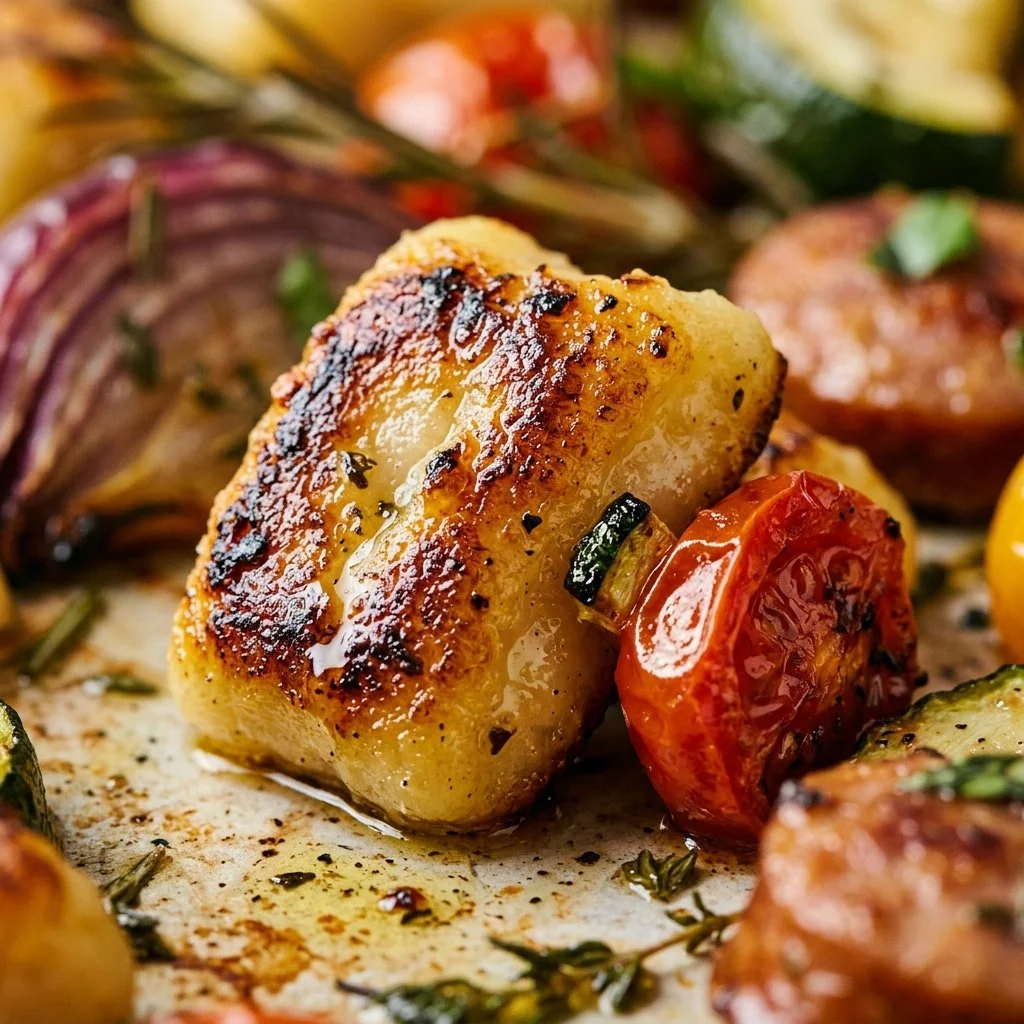 Sheet pan gnocchi with colorful summer vegetables and sausage ready to bake.