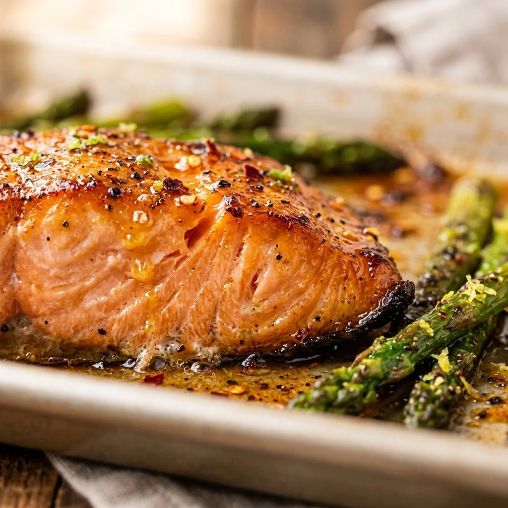 Sheet pan salmon garnished with hot honey lime served with asparagus