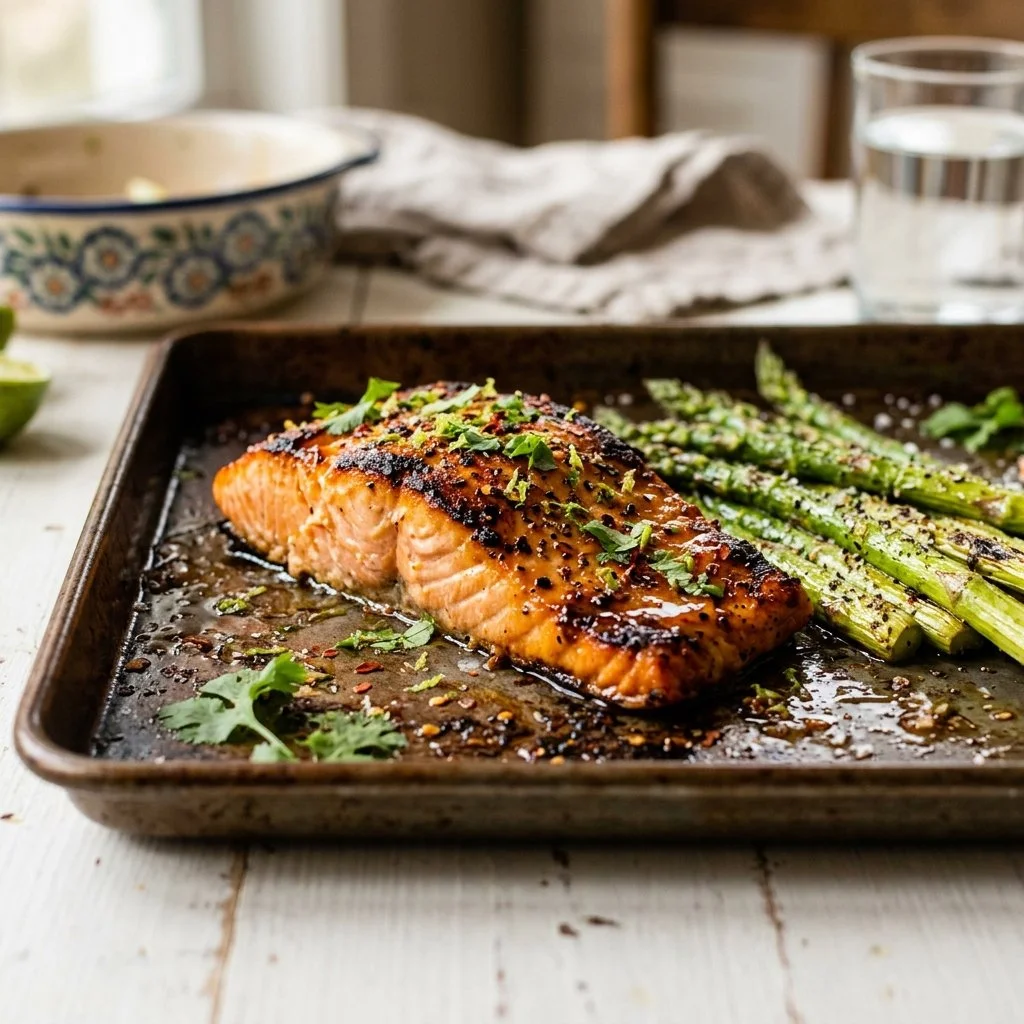 Sheet Pan Salmon with Hot Honey Lime and Asparagus