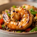 Shrimp stir-fry with honey and garlic served in a bowl with vegetables