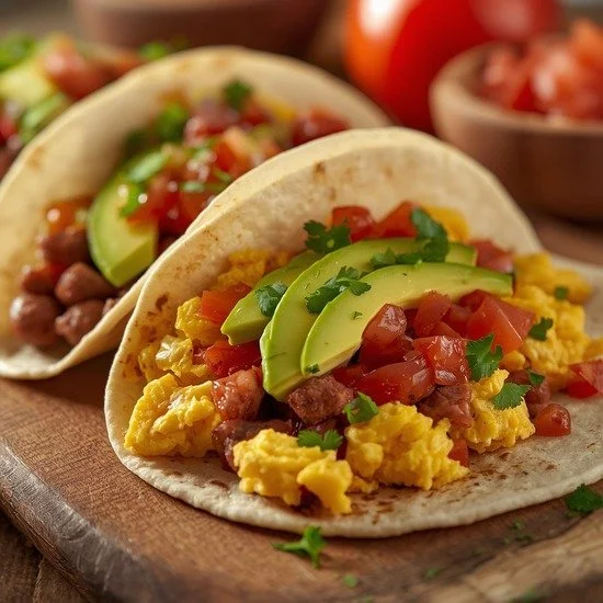 Delicious breakfast tacos served on a plate with toppings