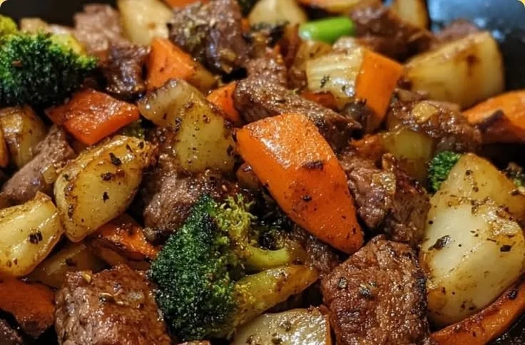 Skillet beef and vegetable dinner with colorful ingredients in a frying pan