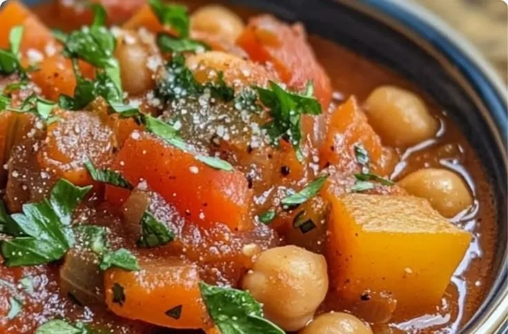 Bowl of slow cooker chickpea stew with vegetables and spices