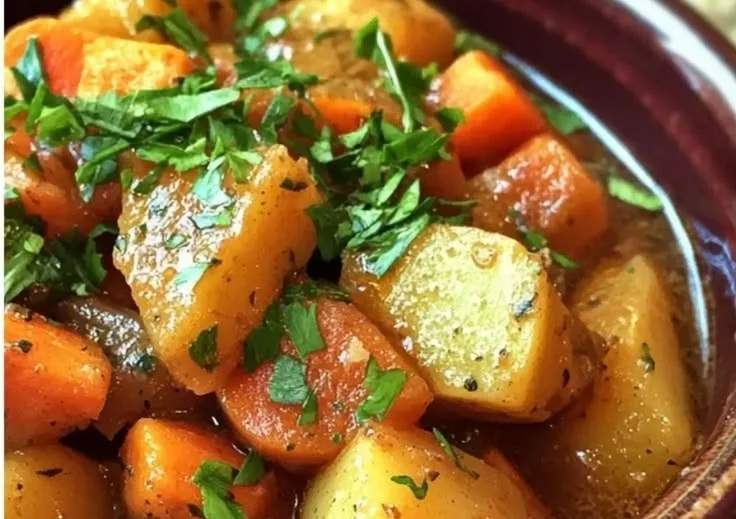 Delicious slow cooker root vegetable stew in a bowl with herbs
