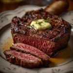 Smoked ribeye steak garnished with garlic butter on a wooden cutting board.