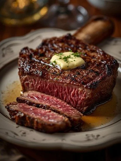 Smoked ribeye steak garnished with garlic butter on a wooden cutting board.