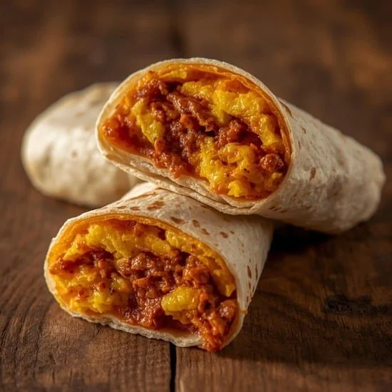 Spicy chorizo egg breakfast burritos on a plate with fresh ingredients.