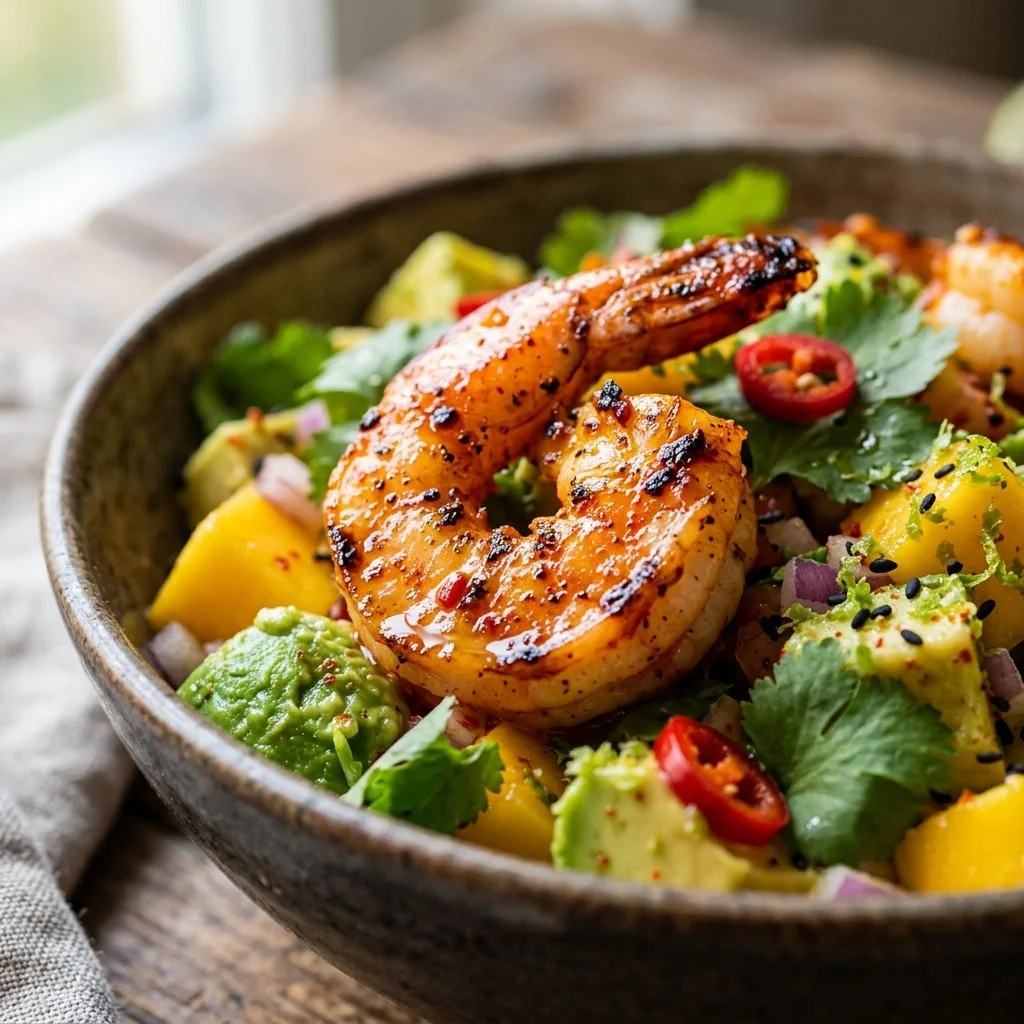 Spicy shrimp mango avocado salad bowl featuring vibrant ingredients and fresh shrimp.
