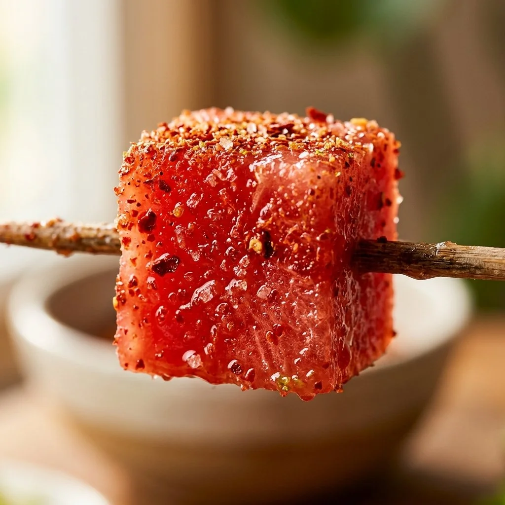 Spicy Watermelon Tajín Skewers served on a platter.