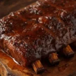 Sticky barbecue beef back ribs glazed with sweet sauce ready to be served.