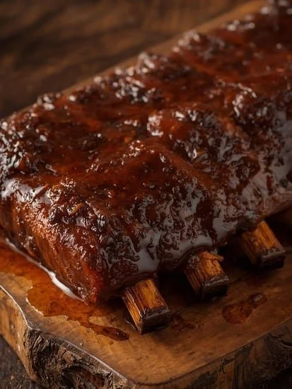 Sticky barbecue beef back ribs glazed with sweet sauce ready to be served.
