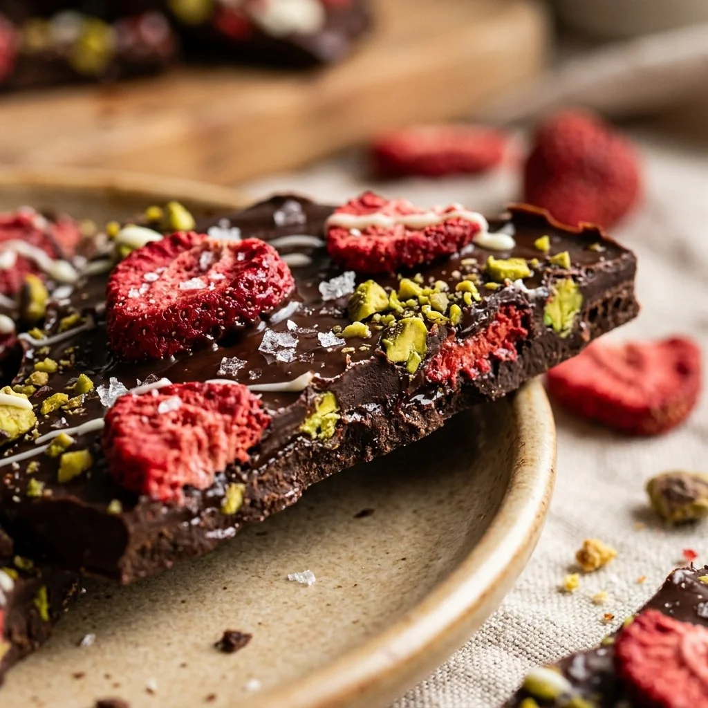 Delicious homemade strawberry chocolate bark with vibrant strawberry pieces