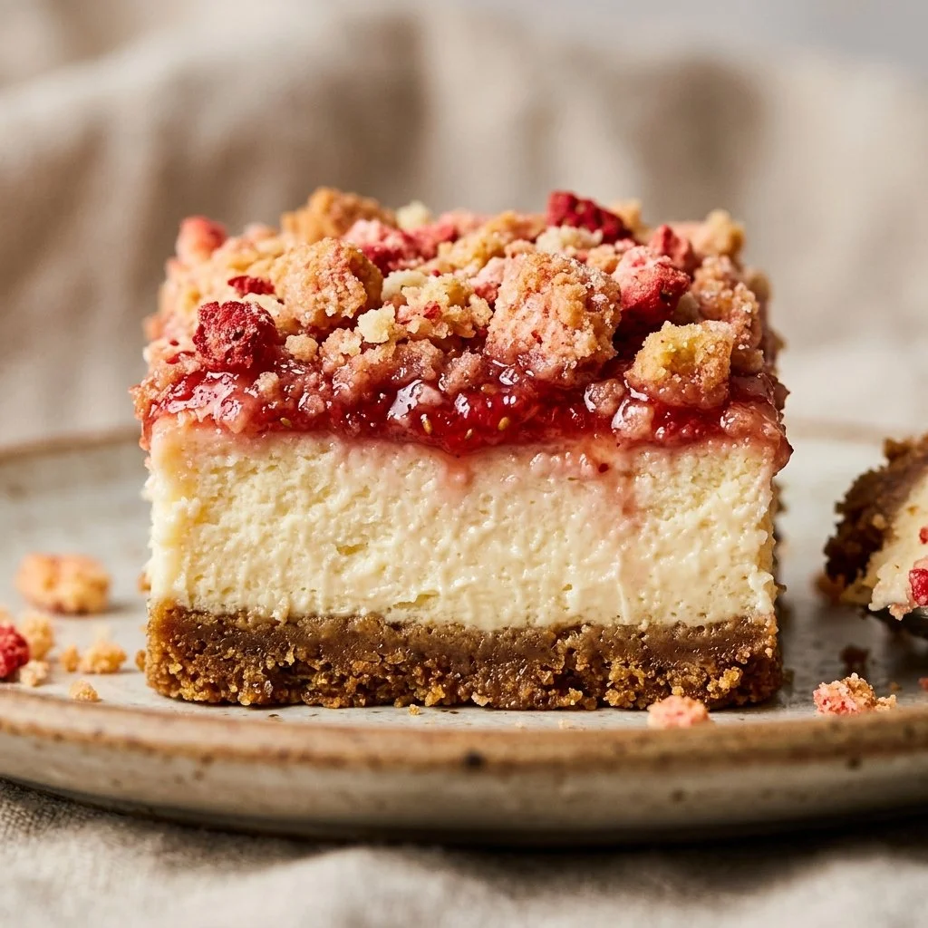 Delicious Strawberry Crunch Cheesecake Bars topped with crunchy strawberry layer.