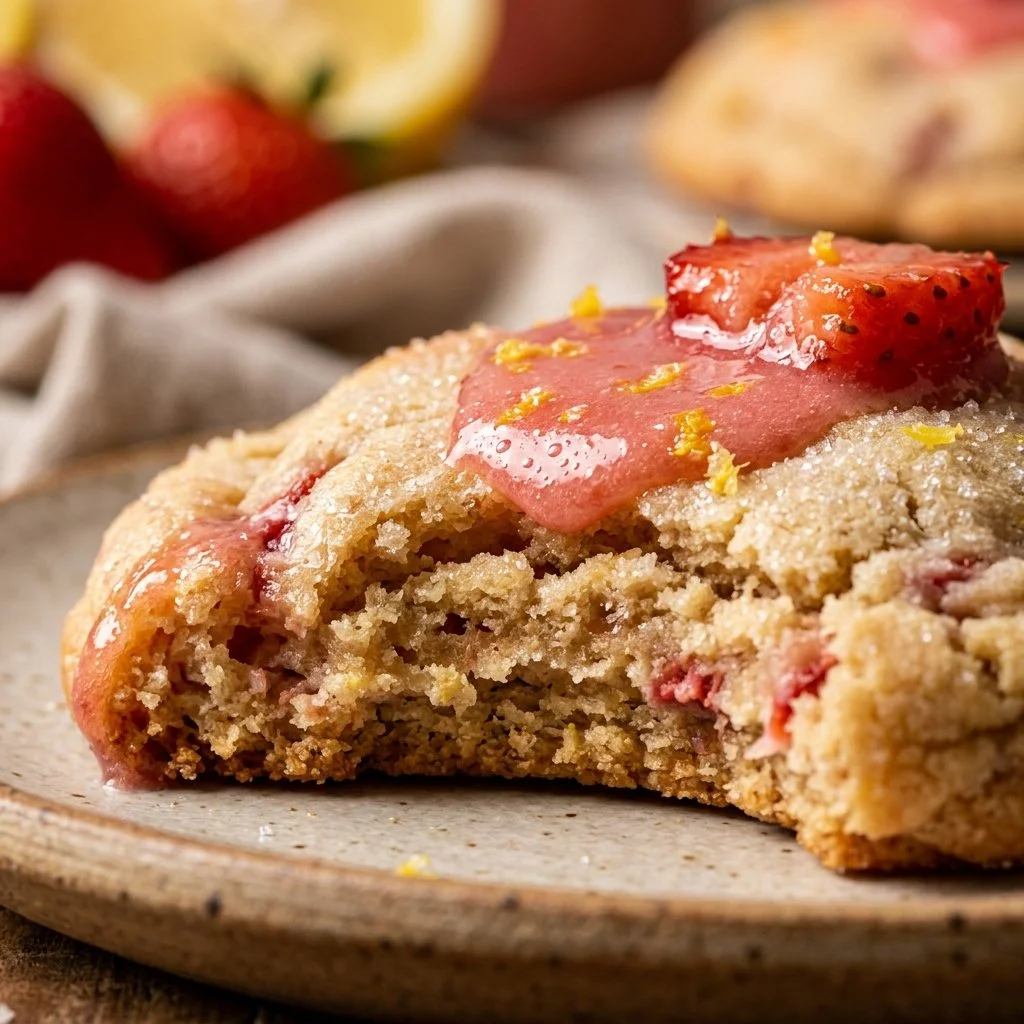 Plate of freshly baked strawberry lemonade cookies with a lemon slice.