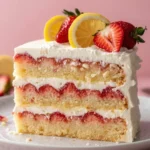 Delicious Strawberry Lemonade Cake topped with fresh strawberries and lemon slices.