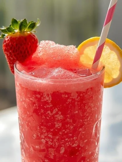 Delicious strawberry lemonade slushie in a glass with fresh strawberries