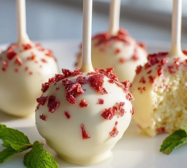 Strawberry shortcake cake pops decorated with fresh strawberries and whipped cream