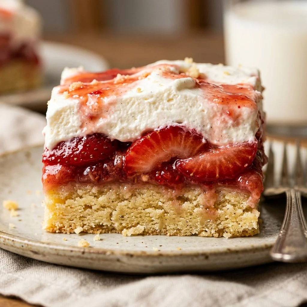 Strawberry Shortcake Cookie Bars fresh out of the oven, topped with strawberries and whipped cream.