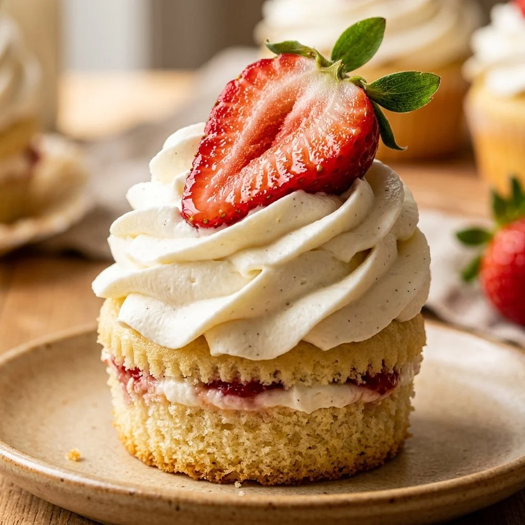 Delicious strawberry shortcake cupcakes topped with fresh strawberries and cream.