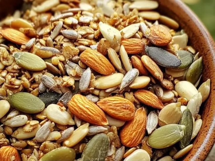 Assorted sunflower seed trail snack ideas in a bowl with nuts and dried fruit