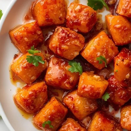 Plate of sweet chili honey salmon bites garnished with fresh herbs.