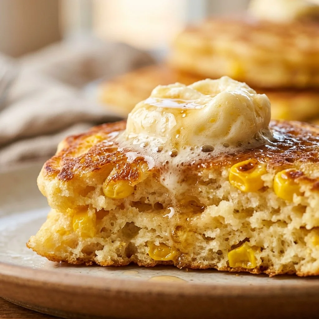 Delicious sweet corn pancakes served with whipped maple butter