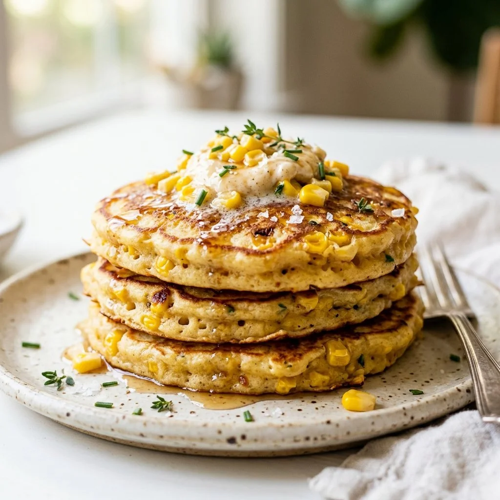 Sweet Corn Pancakes Featuring Whipped Maple Butter