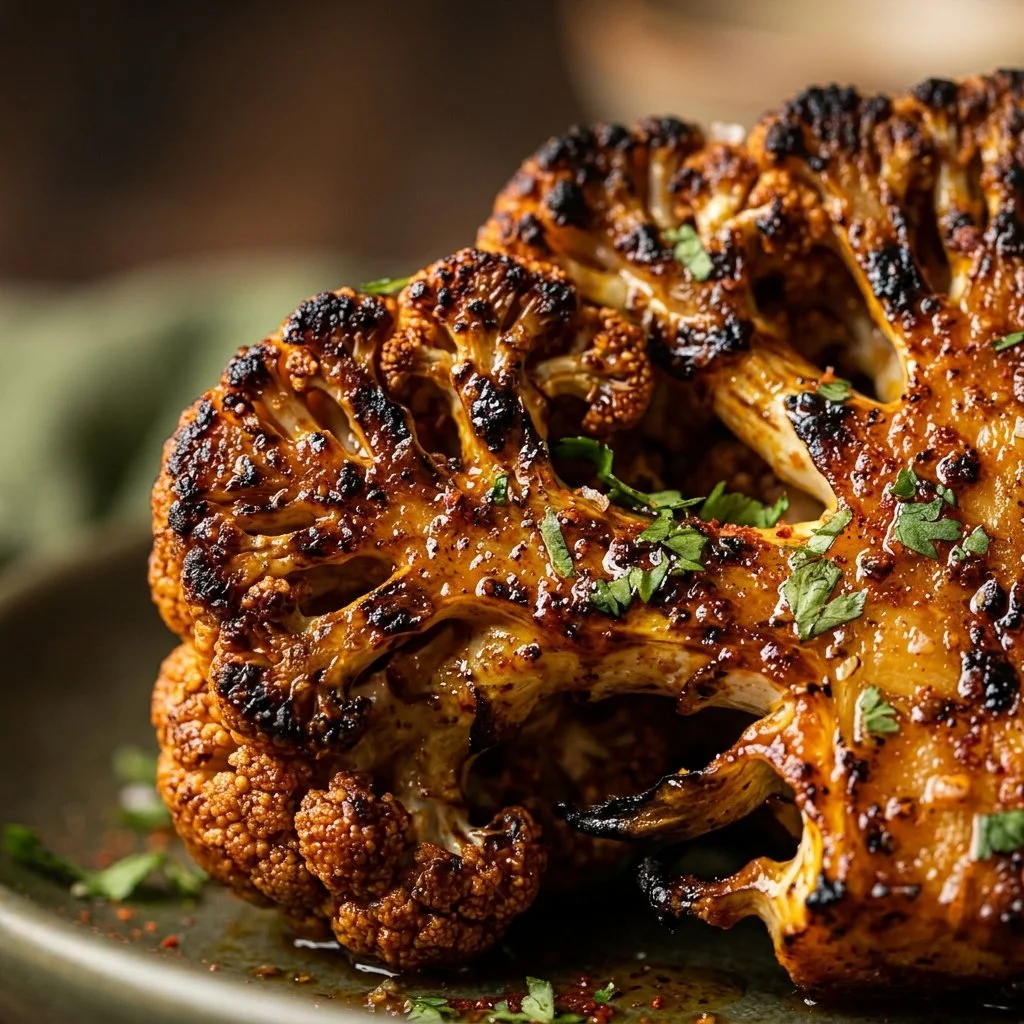 Tandoori spiced grilled cauliflower steaks served on a plate