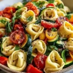 Tortellini dish with fresh summer vegetables served in a bowl