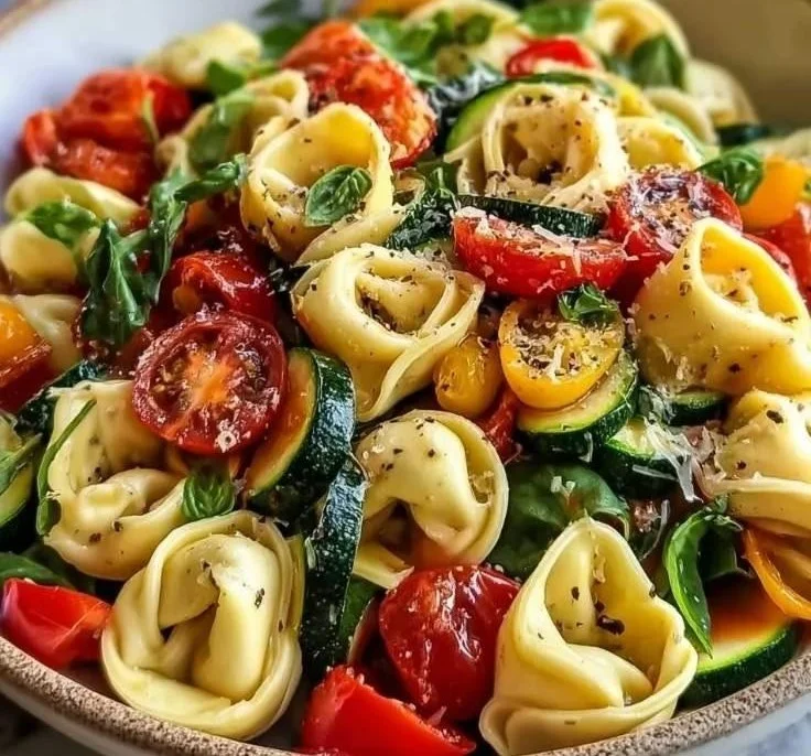 Tortellini dish with fresh summer vegetables served in a bowl