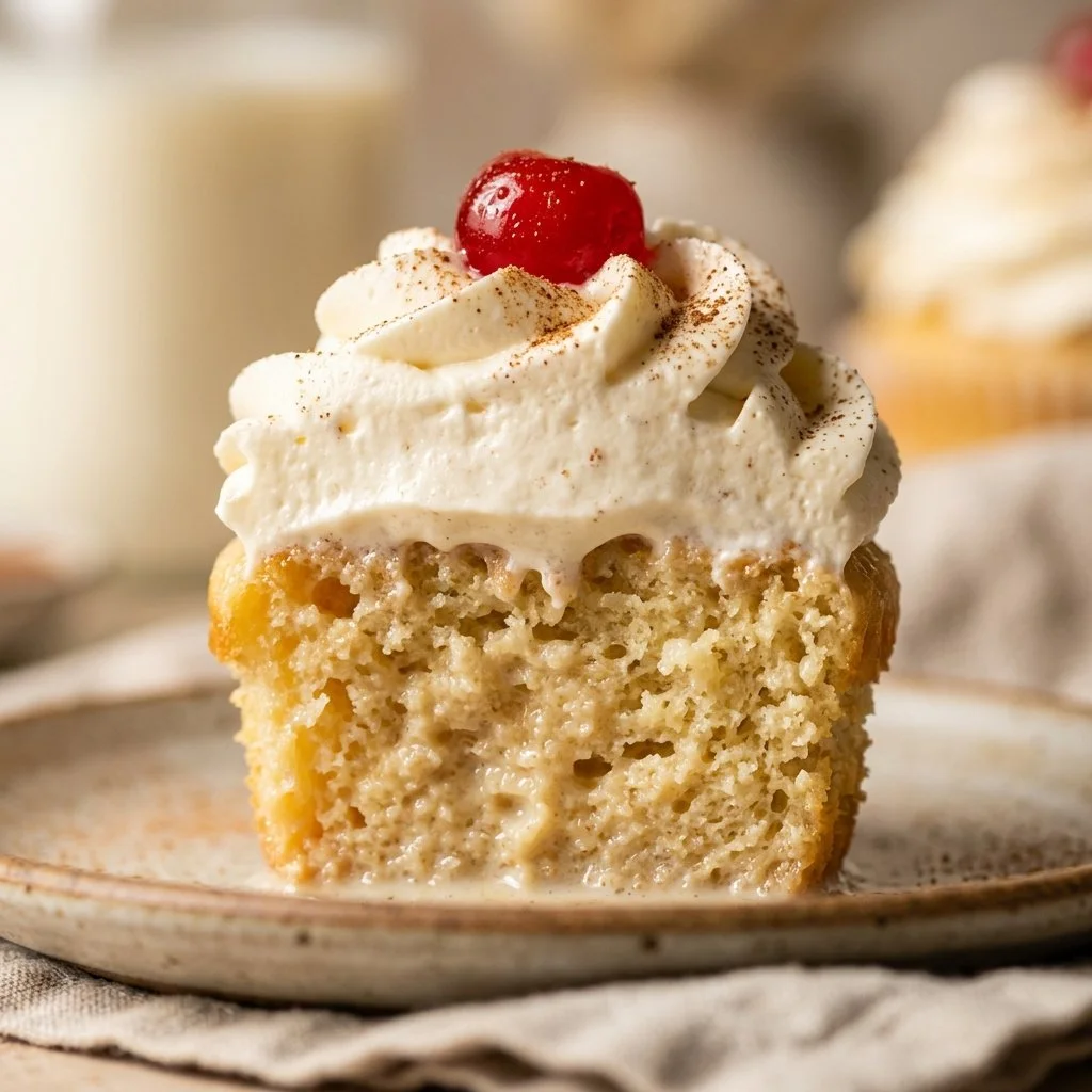 Delicious Tres Leches Cupcakes topped with whipped cream and strawberries