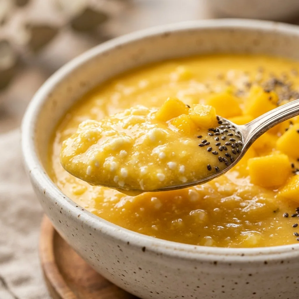 Tropical Mango Cottage Cheese Smoothie Bowl garnished with fresh fruits and seeds