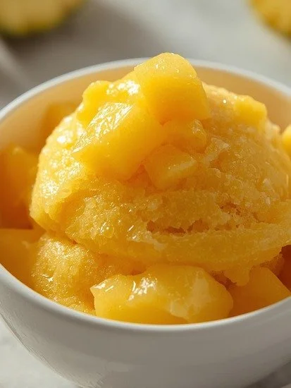 Delicious bowl of tropical mango pineapple sorbet served in a dish