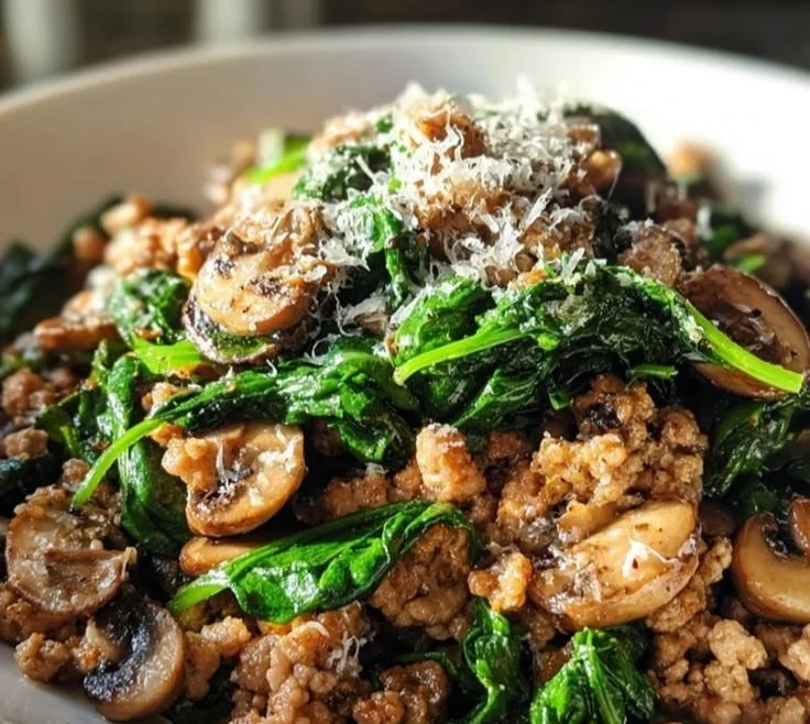 Delicious Turkey Spinach Mushroom Skillet served in a cast-iron pan